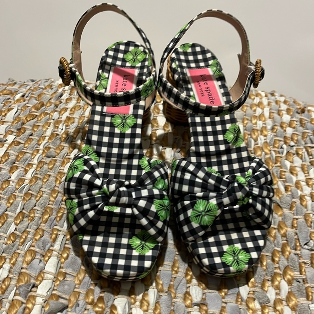 Kate Spade Black and White Check Sandals with Green Floral Design